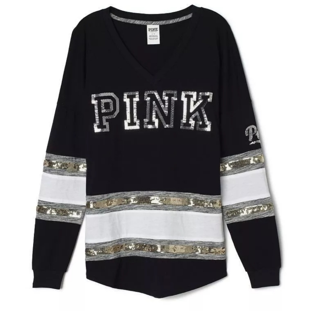 VS PINK BLING Graphic Oversized Varsity Logo V-Neck LS T-Shirt/ XS